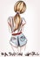 Fashion illustration with girl short hair standing back.