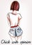 Fashion illustration with girl short hair standing back.