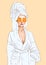 Fashion illustration hand drawn illustration of a woman in a spa bathrobe with a orange mask