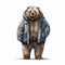 Fashion-illustration Style Brown Bear In Jacket On White Background