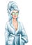 Fashion  illustrationA hand drawn illustration of a woman in a spa bathrobe with a mask