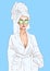 Fashion illustrationA hand drawn illustration of a woman in a spa bathrobe with a mask