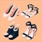 Fashion isometric footwear collection on peach background. Nude beige and dark blue summer shoes and sandals pairs isolated, good