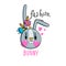 Fashion kawaii bunny. Vector illustration of a rabbit face with a barrettes flowers. Can be used for t-shirt print, kids