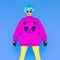 Fashion Lady loves panda. Funny photo. Girl in a bright wig on a