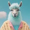 Fashion llama in cardigan and glasses, cotton candycore trend. Generative AI