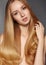 Fashion long hair. Beautiful blond girl. Healthy straight shiny hair style. Beauty woman model. Smooth hairstyle