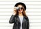 Fashion look, pretty cool young woman model with retro film camera wearing elegant hat, leather rock jacket over white