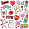 Fashion Love Badges Set with Patches, Stickers, Lips, Hearts, Kiss, Lipstick in Pop Art Comic Style