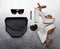 Fashion luxury female set, black handbag clutch, sunglasses, shoes heels, lipstick and little pocket mirror