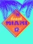 Fashion mint color neon print with Miami beach lettering with navy blue coconut palm leaves and hibiscus