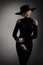 Fashion Model Black Dress Wide Brim Hat, Elegant Retro Woman