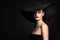 Fashion Model Black Hat, Elegant Woman Beauty Retro Portrait, Wide Broad Brim Hat