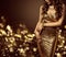 Fashion Model Body in Gold Dress, Woman Elegant Golden Gown