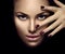 Fashion model girl face, beauty woman makeup and manicure