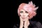 Fashion model girl with stylish rose gold hair. Beauty salon hair coloring concept. Short hairstyle