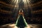 Fashion model in green dress on a catwalk in the interior of the theater, Beautiful girl in a green evening dress, An opera singer