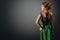 Fashion Model Green Sequin Dress, Elegant Woman in Sparkling Retro Gown, Young Girl Back Rear View