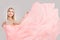 Fashion Model Pink Flying Waving Silk Fabric, Woman Beauty Portrait
