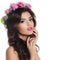 Fashion Model with Prom Hairstyle and Spring Flowers