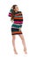 Fashion Model In Striped Multicolored Mini Dress And High Heels Is Looking Away
