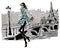 Fashion models in sketch style fall winter with Paris city background