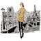 Fashion models in sketch style fall winter with Paris city background