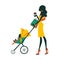 Fashion mom with baby in pram under umbrella