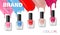 Fashion nail lacquer assortment with beautiful bright colors. Nail polish poster for Cosmetics design. 3d Vecror