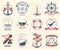 Fashion nautical logo sailing themed label or icon with ship sign anchor rope steering wheel and ribbons travel element