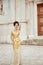 Fashion outdoor photo of fashionable elegant lady wearing i