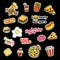 Fashion patch badges. Fast food set. Stickers, pins, patches and handwritten notes collection in cartoon 80s-90s comic