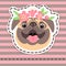 Fashion patch badges happy pug in flower crown on striped background.