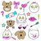 Fashion patch badges with kitten, puppy, teddy bear, lips, envelope and other elements. Vector illustration isolated on