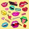 Fashion patch badges. Lips set. Pop Art. Stickers, pins, patches and handwritten notes collection in cartoon 80s-90s