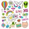 Fashion patches elements with alien, speech bubbles, cassette. Bright vector clip art. Cartoon stickers in 80s 90s comic