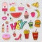 Fashion patches elements with sweets food and girly elements. Vector doodle funny badges. Modern vector clip art