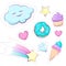 Fashion patches. Set of cute magical sticker rainbow, star, cake, icecream, cloud. Vector design isolated on white background