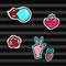 Fashion Patches Set. Modern Pop Art Stickers. Heart,Lips, Hands,Rose,Strawberry. Vector Illustration.