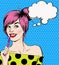 Fashion pop art illustration girl with pen in the hand with speech bubble. Student girl. Youth. Young student at the lesson.