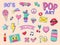 Fashion pop art patch stickers. Girls cartoon cute badges, doodle teenage patches with lipstick, cute food and 90s