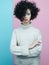 Fashion portrait of beautiful asian woman in oversize pullover