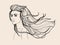 Fashion portrait. Beautiful girl with long flowing hair. Contour hand drawn illustration.