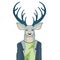 Fashion portrait of hipster deer. Reindeer dressed up in coat, furry art character, trand animals, anthropomorphism