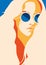 Fashion portrait of a model girl with sunglasses. Retro trendy colors poster or flyer.