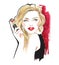 Fashion portrait of a stylish lady. Bright Lipstick Makeup. Stylish young woman. Watercolor fashion illustration.