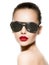 Fashion portrait of woman wearing black sunglasses with diamond