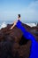 Fashion pretty female model posing on a beach with rocks in a long butterfly chameleon dress waterfall of skirt plume