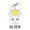 Fashion print cat face with crown. Little Queen with hearts