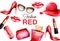 Fashion red products including comb, glasses, lipstick, perfume, pouch and high heels. Watercolor vectors